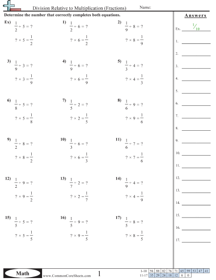 Fraction Worksheets - Division Relative to Multiplication (Fractions)  worksheet
